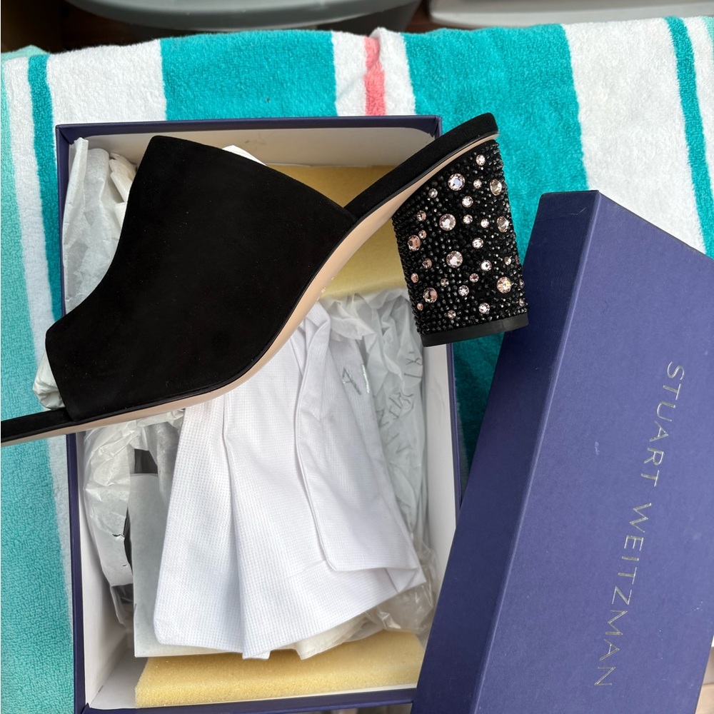 Stuart Weitzman Black Mules with Crystal Embellished Heels